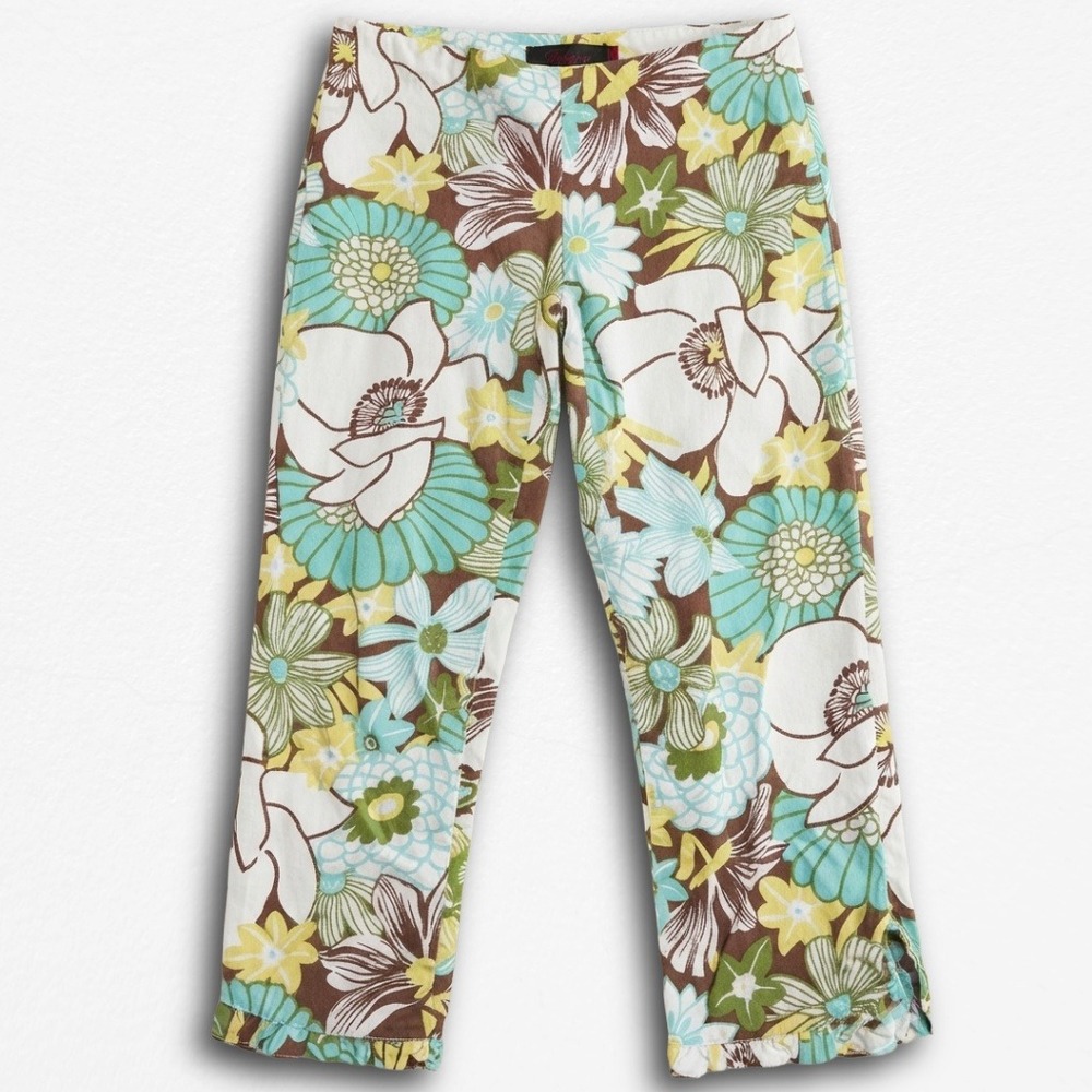 Just In Time Vintage Y2K Floral Ruffle Hem Cropped Pants Blue Brown White 16x22